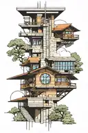 multiple Frank Llyod Wright architecture buildings and elements tattoo design idea