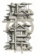 multiple Frank Llyod Wright architecture buildings and elements tattoo design idea