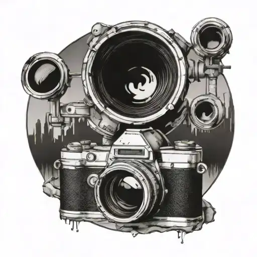 Abandoned urban landscape with a camera lens in the foreground tattoo design idea