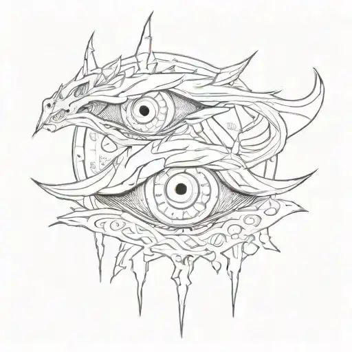 Designing a sketch-style tattoo of eyes, incorporating elements of Ichigo's sword from Bleach, Shenron from Dragon Ball, and Itachi's eyes from Naruto as a nod to the client's interests tattoo design idea