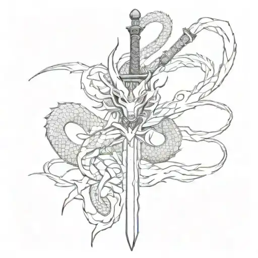 Combining elements of Ichigo's sword from Bleach with Shenron wrapped around it from Dragon Ball, incorporating Itachi's eyes from Naruto on the handles tattoo design idea