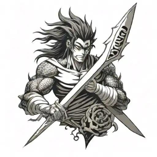 Incorporating elements of Ichigo's sword from Bleach and Shenron from Dragon Ball into a dotwork tattoo design, with subtle hints of Itachi's eyes on the handles tattoo design idea