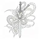 Combining elements of Ichigo's sword from Bleach with Shenron wrapped around it from Dragon Ball, incorporating Itachi's eyes from Naruto on the handles tattoo design idea