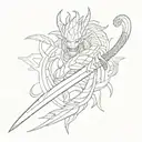 Combining elements of Ichigo's sword from Bleach with Shenron wrapped around it from Dragon Ball, incorporating Itachi's eyes from Naruto on the handles tattoo design idea
