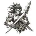 Incorporating elements of Ichigo's sword from Bleach and Shenron from Dragon Ball into a dotwork tattoo design, with subtle hints of Itachi's eyes on the handles tattoo design idea