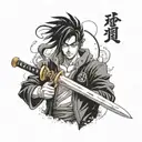 Incorporating elements of Ichigo's sword from Bleach and Shenron from Dragon Ball into a dotwork tattoo design, with subtle hints of Itachi's eyes on the handles tattoo design idea