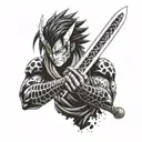 Incorporating elements of Ichigo's sword from Bleach and Shenron from Dragon Ball into a dotwork tattoo design, with subtle hints of Itachi's eyes on the handles tattoo design idea