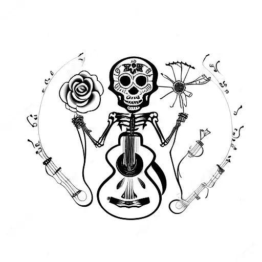 Dia de los muertos guitare skeleton tattoo design idea