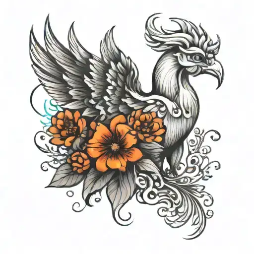 aries, pheonix, flowers tattoo design idea