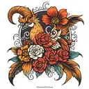aries, pheonix, flowers tattoo design idea