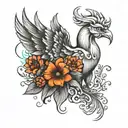 aries, pheonix, flowers tattoo design idea