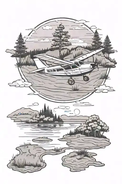Cessna 206 flying over a grass runway. With trees on both sides and a lake in the background with a sunset over the top. tattoo design idea