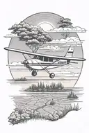 Cessna 206 flying over a grass runway. With trees on both sides and a lake in the background with a sunset over the top. tattoo design idea