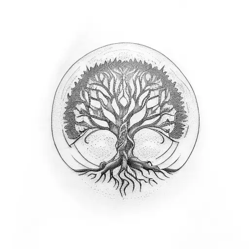 A blackwork tattoo featuring an ancient tree of life symbolizing personal growth and healing tattoo design idea