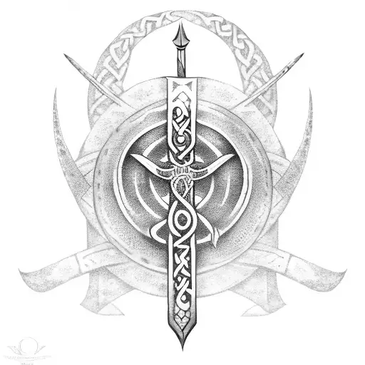 A dotwork tattoo of a Viking warrior wielding a sword with the runes FEHU, URUZ, THURISAZ, ANSUZ, and KANO inscribed on the blade tattoo design idea