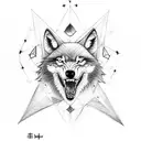 A sketch style tattoo of a wolf howling at the moon with the runes FEHU, URUZ, THURISAZ, ANSUZ, and KANO integrated into the design tattoo design idea
