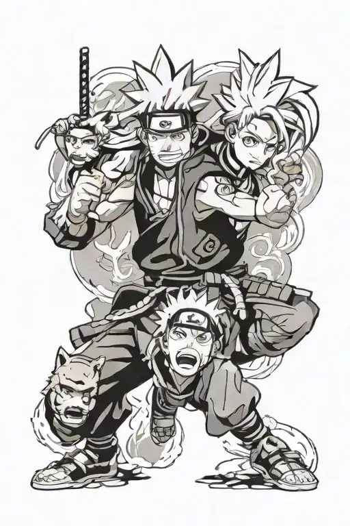 anime heros mix tsubasa, naruto, songo tattoo design idea