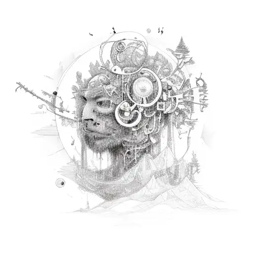 A sketch-style design showcasing the interconnectedness of art, music, and nature in a whimsical and playful way tattoo design idea