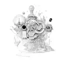 A sketch-style design showcasing the interconnectedness of art, music, and nature in a whimsical and playful way tattoo design idea