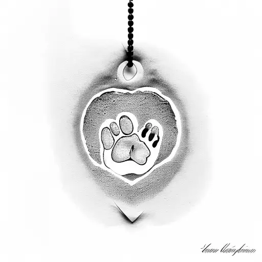 A heart-shaped pendant hanging from a dog paw print, representing love and loyalty towards pets tattoo design idea