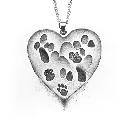 A heart-shaped pendant hanging from a dog paw print, representing love and loyalty towards pets tattoo design idea