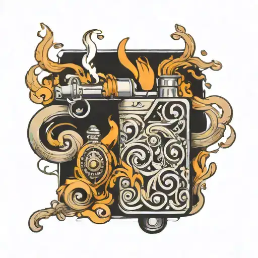 A neotraditional tattoo design of a whimsical Sigara smoke swirls transforming into Nesne objects, with tiny Çakmak lighters hidden within the design for a playful touch tattoo design idea