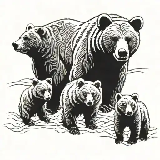2 adult bears and 3 bear cubs with different eye colors tattoo design idea