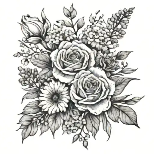birth flower bouquet February, march, may, june, july, august, september, November, December tattoo design idea