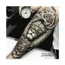 lion, time clock, rose tattoo design idea