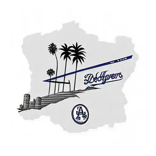 California love tattoo, include the dodgers logo with a palm tree, also add tupac tattoo design idea