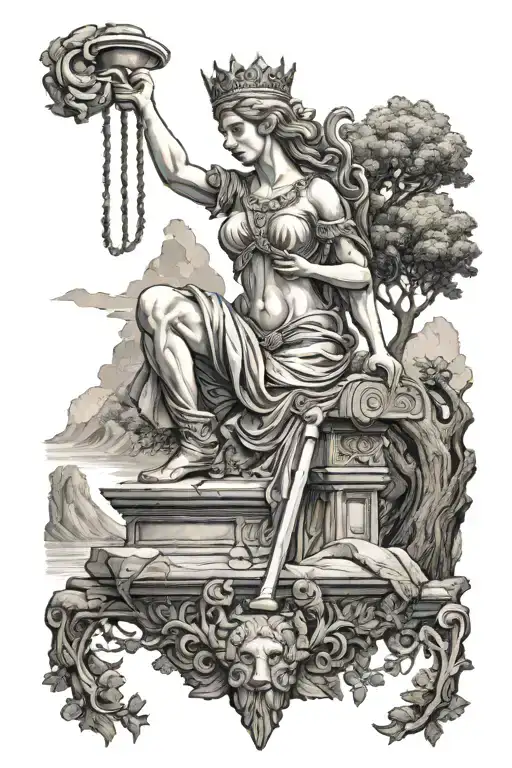 roman goddess justitia with blindfold holding sword and scale. Griffin head with a crown. Oak tree, mountain and river. tattoo design idea
