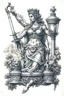 roman goddess justitia with blindfold holding sword and scale. Griffin head with a crown. Oak tree, mountain and river. tattoo design idea