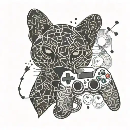 Autism awareness ribbon intertwined with gaming controller and panther silhouette tattoo design idea