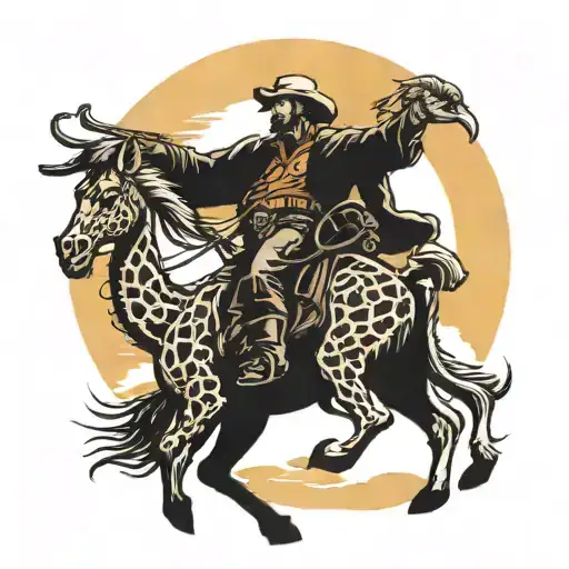 cowboy with lasso riding a giraffe sunset in background with golden eagle flying in sky  tattoo design idea