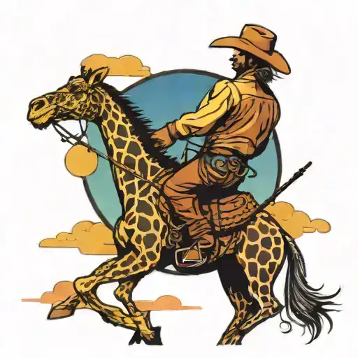 cowboy with lasso riding a giraffe sunset in background with golden eagle flying in sky in the corner tattoo design idea