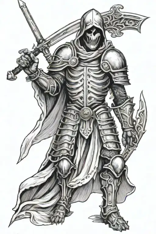 grim reaper wearing a suit of armor and holding a sword  tattoo design idea
