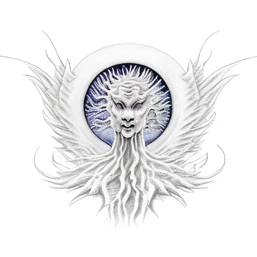 Dragon, sun, Angel wings, tree and roots tattoo design idea