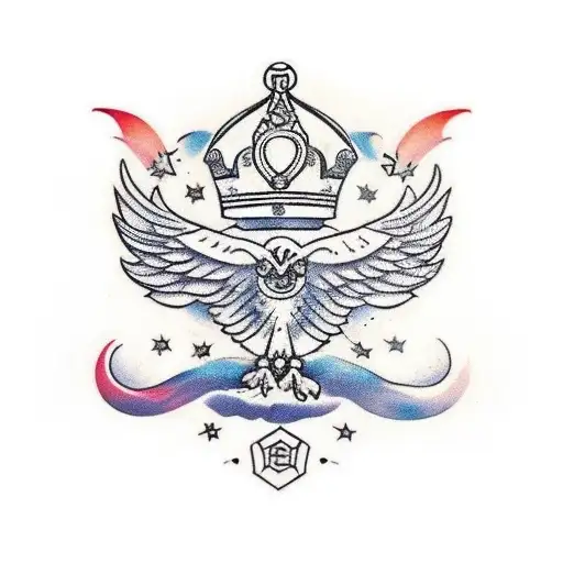 a crown, a coconut tree and an eagle carrying a bayonet  tattoo design idea