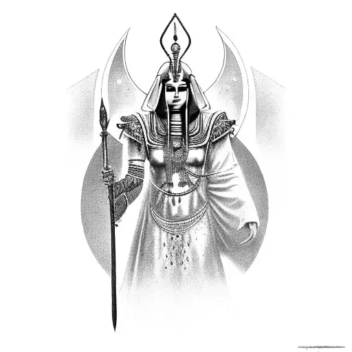 A full-length priestess of Anubis with a scepter tattoo design idea
