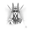 A full-length priestess of Anubis with a scepter tattoo design idea