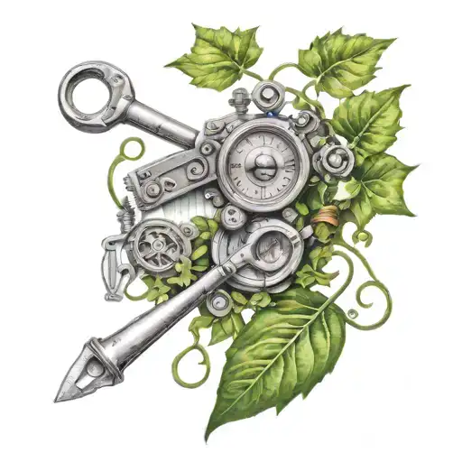 An intricate tattoo of an eye surgeon's tools surrounded by ivy vines  tattoo design idea