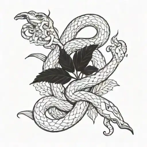 A smoking weed plant intertwined with snakes representing Greek mythology tattoo design idea