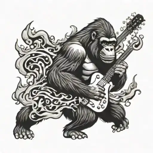 A gorilla playing an electric guitar surrounded by smoke and flames tattoo design idea