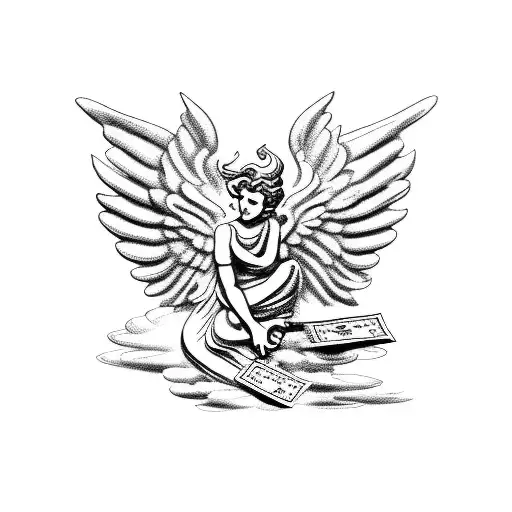 A statue of a smoking angel sitting on a cloud, holding a money sign tattoo design idea