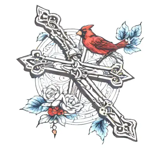 cross with rosary, luke 1:37, two cardinals tattoo design idea