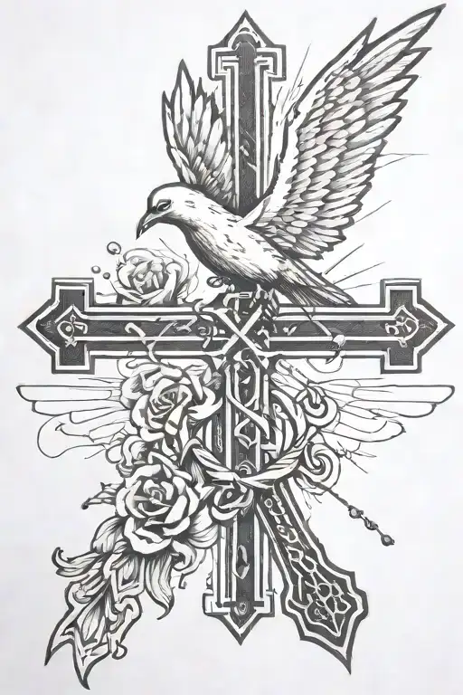cross with rosary, luke 1:37, two dove flying, 09-02-1940 and 08-05-1943 tattoo design idea