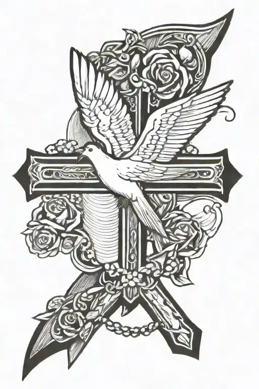 cross with rosary, luke 1:37, two dove flying, 09-02-1940 and 08-05-1943 tattoo design idea