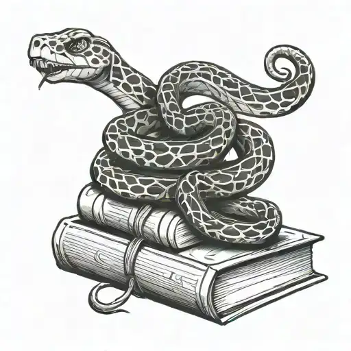 contented looking snake, curled around a closed hardback book  tattoo design idea