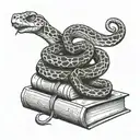 contented looking snake, curled around a closed hardback book  tattoo design idea