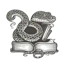contented looking snake, curled around a closed hardback book  tattoo design idea